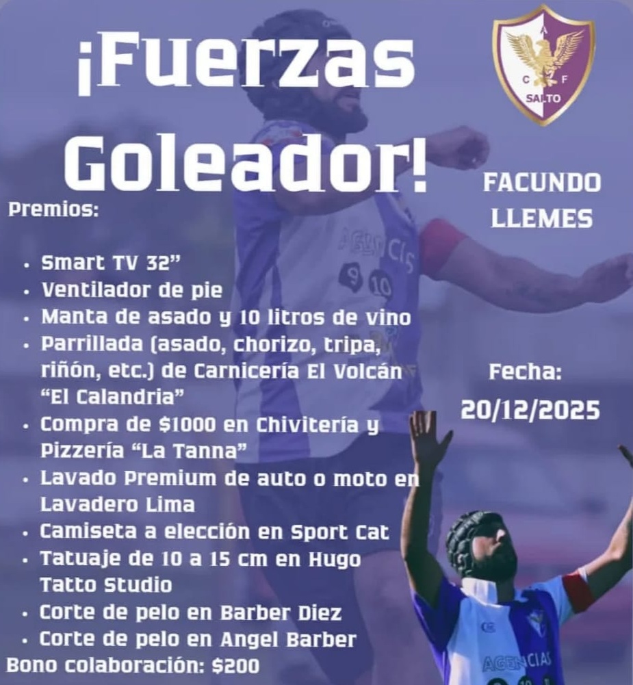 Foto del premio de la rifa: 1. Smart TV 32” 2. Ventilador de pie 3. Manta de asado y 10 litros de vino 4. Parrillada (asado, chorizo, tripa, riñón, etc.) de Carnicería El Volcán “El Calandria” 5. Compra de $1000 en Chivitería y Pizzería “La Tanna” 6. Lavado Premium de auto o moto en Lavadero Lima 7. Camiseta a elección en Sport Cat 8. Tatuaje de 10 a 15 cm en Hugo Tatto Studio 9. Corte de pelo en Barber Diez 10. Corte de pelo en Angel Barber